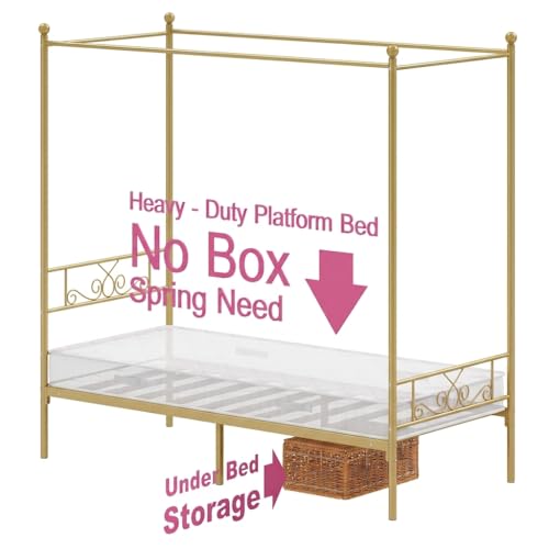 Twin Canopy Bed Frame with Headboard, Metal Twin Beds for Kids, Gold, view 8