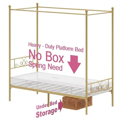 Twin Canopy Bed Frame with Headboard, Metal Twin Beds for Kids, Gold, view 8