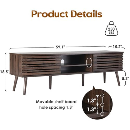 Mid Century Modern TV Stands for up to 70" TV with Storage, Fluted Wood TV Stand for Living Room, Boho Media Console, Entertainment Center with Cable Management