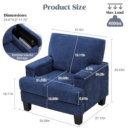 Accent Chair with Storage Armrest, Modern Upholstered Reading Living Room Chairs, Comfy Large Armchair, Fabric Single Sofa Chair for Bedroom (Blue)