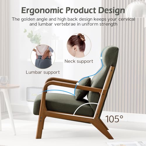 Mid Century Modern Accent Chair with High Back, Upholstered Living Room Chairs with Waist Cushion, Wood Frame Reading Armchair for Bedroom Sunroom, Green