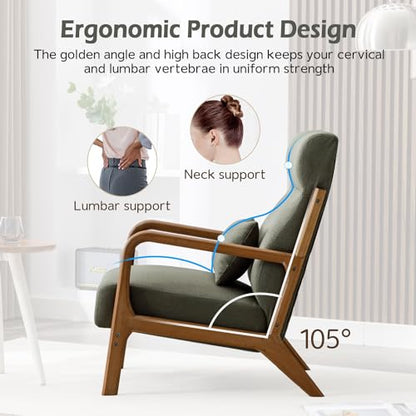 Mid Century Modern Accent Chair with High Back, Upholstered Living Room Chairs with Waist Cushion, Wood Frame Reading Armchair for Bedroom Sunroom, Green