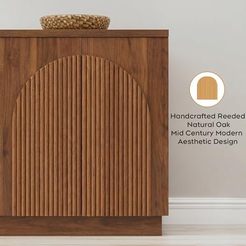 55" Fluted Sideboard Buffet Cabinet with Storage, Wood Mid Century Modern Credenza Cabinet w/Arched Reeded Doors & Adjustable Shelves for Kitchen, Living Room, Entryway, Walnut