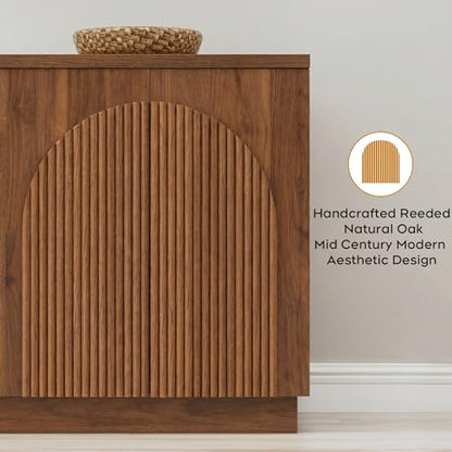 55" Fluted Sideboard Buffet Cabinet with Storage, Wood Mid Century Modern Credenza Cabinet w/Arched Reeded Doors & Adjustable Shelves for Kitchen, Living Room, Entryway, Walnut