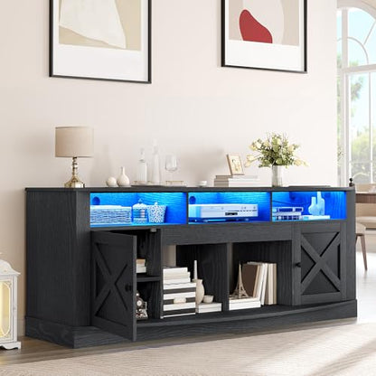 TV Stand with Curved Desktop for 75/80 Inch TVs, Black | Entertainment Center with LED Lights, Media Furniture TV Table with with Power Outlet, TV Consoles for Living Room