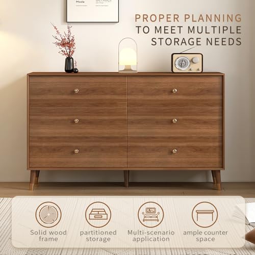 Mid Century Modern 6-Drawer Dresser, 47.2" Solid Wood Frame Chest, Walnut, view 4