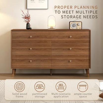 Mid Century Modern 6-Drawer Dresser, 47.2" Solid Wood Frame Chest, Walnut, view 4