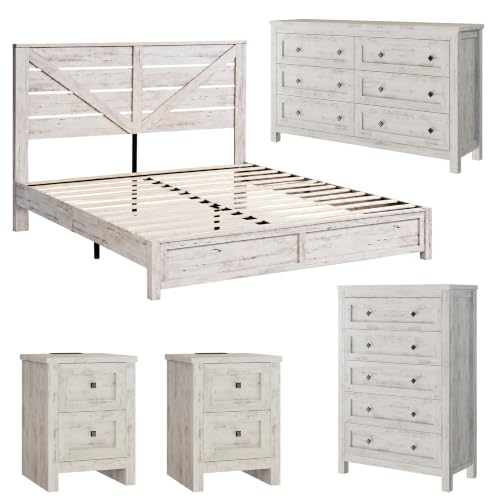 5-Piece Farmhouse Bedroom Set, Queen Bed Frame & Dresser, White, view 2