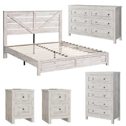 5-Piece Farmhouse Bedroom Set, Queen Bed Frame & Dresser, White, view 2