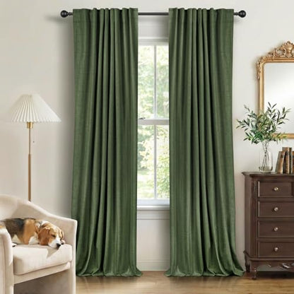 Linen Blackout Curtains for Bedroom 90 Inches Long, Back Tab/Rod Pocket Living Room Drapes, Thermal Insulated Blackout Curtains 2 Panels Set, 50" W x 90" L, Moss Green