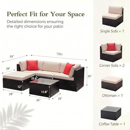 5 Pieces Patio Furniture Sets All Weather Outdoor Sectional Patio Sofa Manual Weaving Wicker Rattan Patio Seating Sofas with Cushion and Glass Table (Beige)