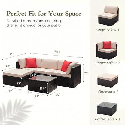 5 Pieces Patio Furniture Sets All Weather Outdoor Sectional Patio Sofa Manual Weaving Wicker Rattan Patio Seating Sofas with Cushion and Glass Table (Beige)