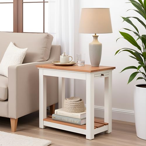Savannah Narrow End Table – 12” W x 22” D Small Side Table with Pull-Out Tray and Storage Shelf – Farmhouse Nightstand for Living Room or Bedroom by (Ivory and Natural Wood Finish)