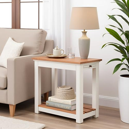 Savannah Narrow End Table – 12” W x 22” D Small Side Table with Pull-Out Tray and Storage Shelf – Farmhouse Nightstand for Living Room or Bedroom by (Ivory and Natural Wood Finish)