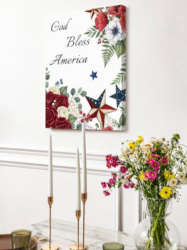 NuYeBiofx Independence Day Floral Star Canvas Wall Art Prints,48"x32" Framed Picture Artwork God Bless America Quote Printed Canvas Oil Painting for Living Room Bedroom Office,Ready to Hang