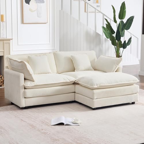 76.7" Beige White Cloud Modular Sectional Sofa for Small Spaces, Deep Seat 2 Seater L Shaped Couch, Comfy Chenille Loveseat with Ottoman Chaise for Living Room Apartment