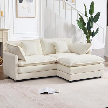 76.7" Beige White Cloud Modular Sectional Sofa for Small Spaces, Deep Seat 2 Seater L Shaped Couch, Comfy Chenille Loveseat with Ottoman Chaise for Living Room Apartment