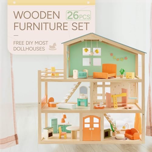 26 Pcs Large Wooden Dollhouse Furniture 5 Set for Kitchen, Living Room, Bedroom, Bathroom, Babyroom, Candy Dollhouse Accessories & Furniture Toy for Girls Boys Kids 3+