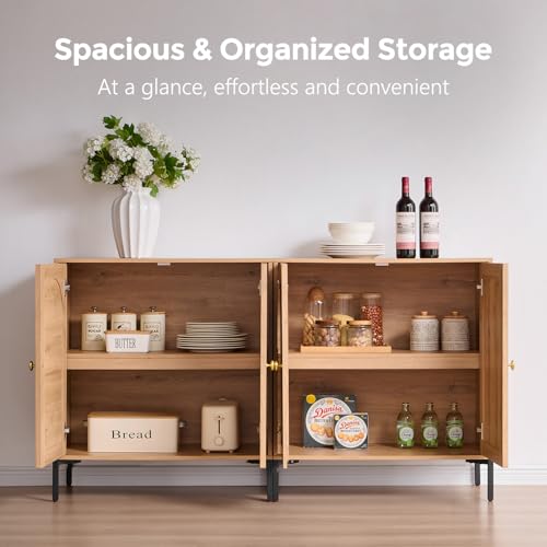 Modern Sideboard Buffet Cabinet, 34" Tall Fluted Arched Buffet Cabinet with Storage and Adjustable Shelves, Wooden Modular Coffee Bar Cabinets for Kitchen, Entryway, Natural