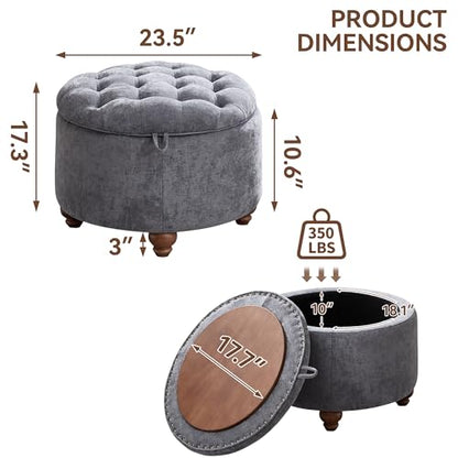 24Inch Round Storage Ottoman with Tray, Modern Tufted Circle Coffee Table with Storage, Upholstered Ottoman with Removable Top for Living Room, Bedroom, Chenille Blue