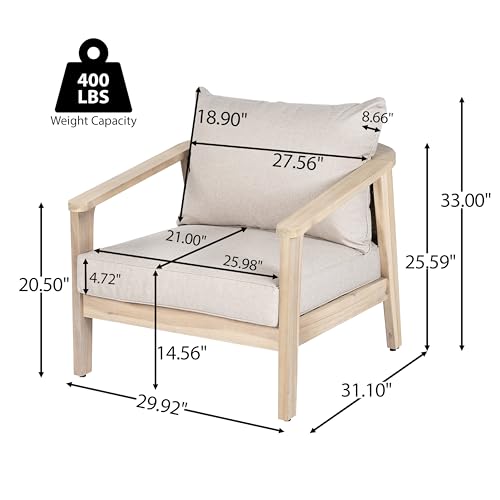 Hartford Acacia Wood Lounge Chair Outdoor with Removable Cushion, Solid Wood Patio Accent Chair with PE Wicker Backrest, Patio Furniture Sofa Set, Light Brown+Beige
