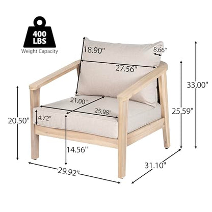 Hartford Acacia Wood Lounge Chair Outdoor with Removable Cushion, Solid Wood Patio Accent Chair with PE Wicker Backrest, Patio Furniture Sofa Set, Light Brown+Beige