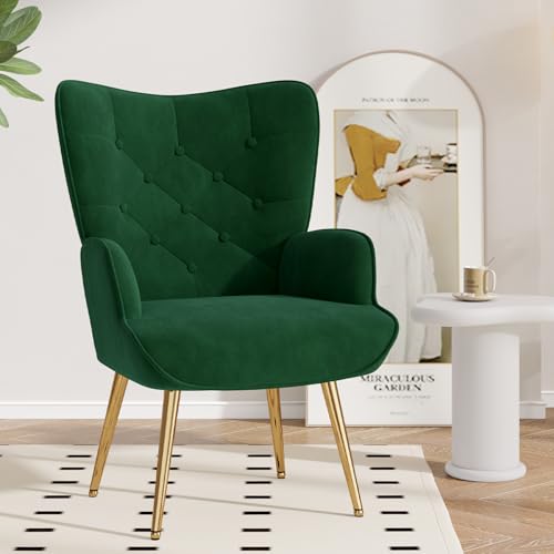 Mid Century Modern Velvet Accent Chair, Tufted Button High Back Chair, Upholstered Wingback Armchair with Metal Legs, High Back Side Chair for Living Room Bedroom, Green