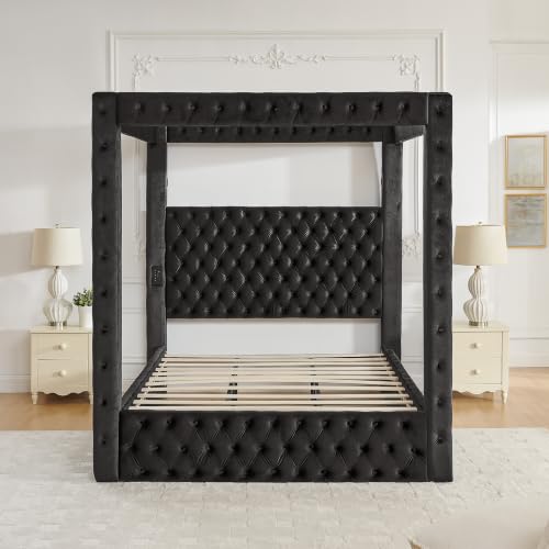 RuiSiSi King Canopy Bed Frame with Button Tufted Headboard, view 6