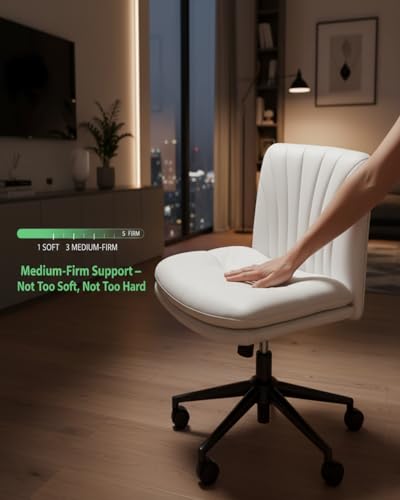 Armless-Office Desk Chair with Wheels: PU Leather Cross Legged Wide Chair, view 4