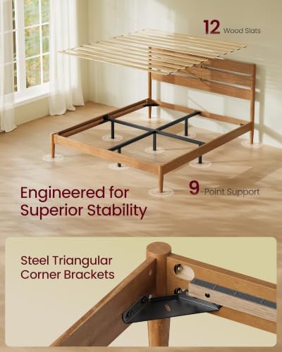 Queen Bed Frame, Wood Platform Bed with Headboard Storage Shelf, view 5