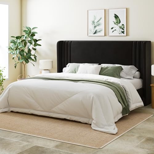 King Size Velvet Platform Bed Frame, Tall Wingback Headboard, Black, view 4