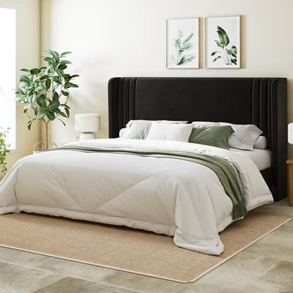 King Size Velvet Platform Bed Frame, Tall Wingback Headboard, Black, view 4