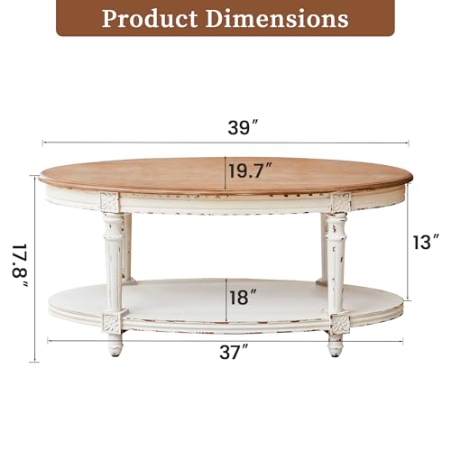 39" French Country Two Tone Oval Coffee Table,Chipped White Vintage 2 Tier Center Table with Storage for Living Room Office,Tool-Free Assembly (White)