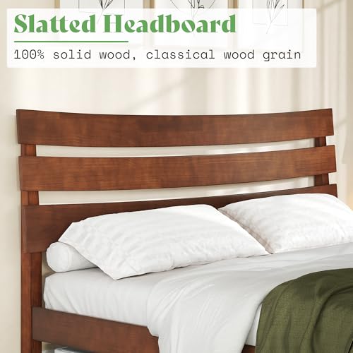 Mid Century Queen Size Solid Wood Platform Bed, Slatted Headboard, view 5