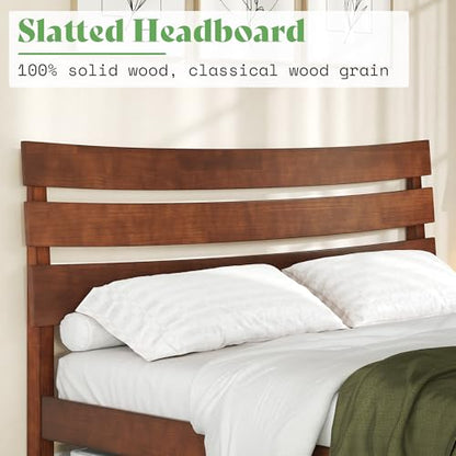 Mid Century Queen Size Solid Wood Platform Bed, Slatted Headboard, view 5
