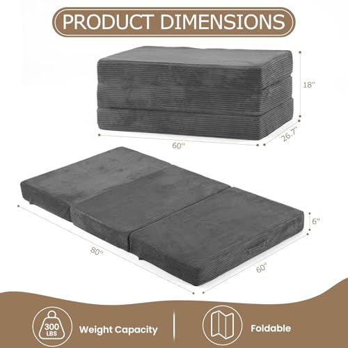 6-Inch Tri-Folding Mattress Queen Size - Foldable Futon Sofa Bed with Removable Washable Cover, Folding Futon Mattress | Non-Slip Bottom & Carry Handles for Guest, Camping, Dorm