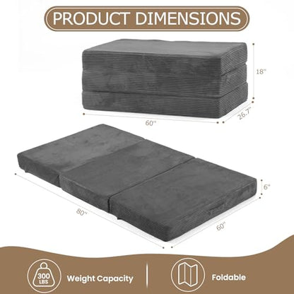 6-Inch Tri-Folding Mattress Queen Size - Foldable Futon Sofa Bed with Removable Washable Cover, Folding Futon Mattress | Non-Slip Bottom & Carry Handles for Guest, Camping, Dorm