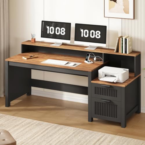 63" Fluted Computer Desk with Drawers & Printer Stand for Home Office, view 2