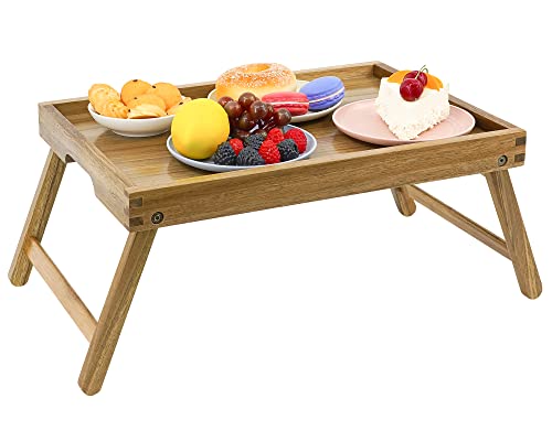 Acacia Bed Table Tray, Wooden Breakfast Tray with Folding Legs, Bed Tray for Eating and Laptop, Eating Trays for Bedroom