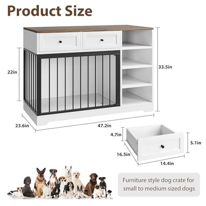 Wooden Dog Crate Furniture, Indoor Dog Kennel TV Stand with Storage, White, view 3