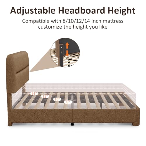 WEUP Queen Upholstered Bed Frame, Brown Cloud Boucle Bed with Headboard, view 7
