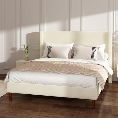 Queen Bed Frame, Boucle Upholstered Platform Bed with Wingback Headboard, view 4