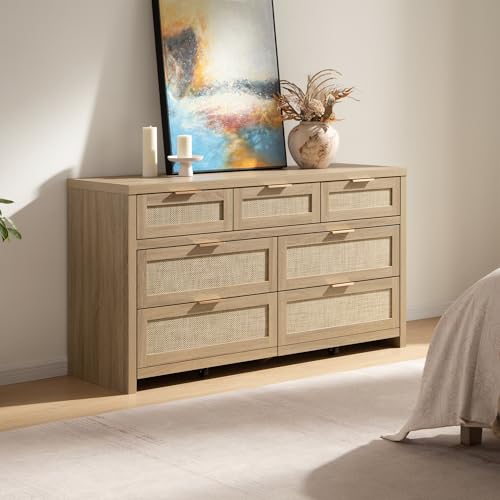 7 Drawer Rattan Dresser for Bedroom, 57" Wide Dresser, view 6