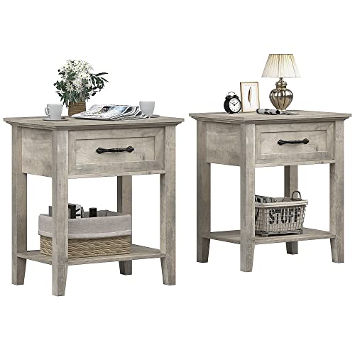 Grey Nightstands Set of 2, End Table with Drawer, Side Table for Spaces, 2 Tiers Storage Shelves with Dresser, Bedside Table for Living Room, Bedroom, Dorm (2pcs-Grey)