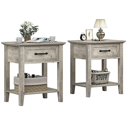 Grey Nightstands Set of 2, End Table with Drawer, Side Table for Spaces, 2 Tiers Storage Shelves with Dresser, Bedside Table for Living Room, Bedroom, Dorm (2pcs-Grey)