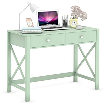 Home Office Desk with Drawers, Modern Writing Computer Desk for Bedroom, Small Makeup Vanity Table Study Table for Home Office,Green