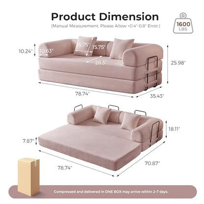 79" 5-in-1 Convertible Sofa Bed No Assembly, Boneless Couch Bed with High Density Foam, Foldable Sleeper Sofa, Corduroy Modular Couch for Apartment, Studio, Dorm Room, Small Space,Pink
