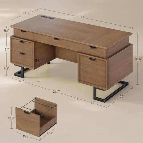 63" W x 27.6" D Executive Desk with 2 Cabinets & Power Outlet, view 4
