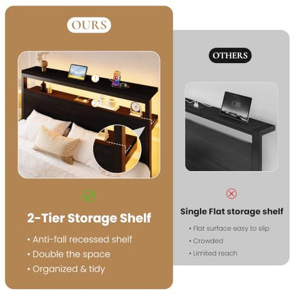 Queen LED Bed Frame, 2 Storage Drawers, Charging Station, Black, view 6
