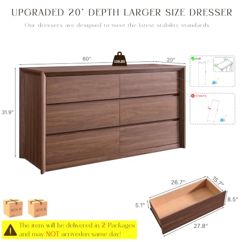 60 Inch 6 Drawer Dresser for Bedroom, 20" Depth for More Storage, view 3